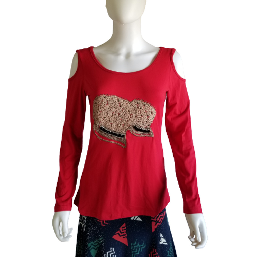 Feline Women's Red Cold Shoulder Sequin Bead Cap Long Sleeve Top, Size: Small